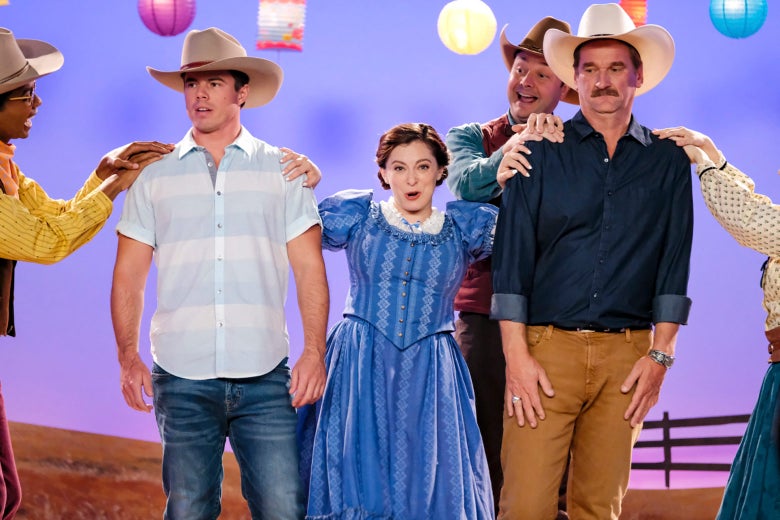 Rebecca (Rachel Bloom) tries to pull White Josh (David Hull) and Darryl (Pete Gardner) together in "The Group Mind Has Decided You're in Love."